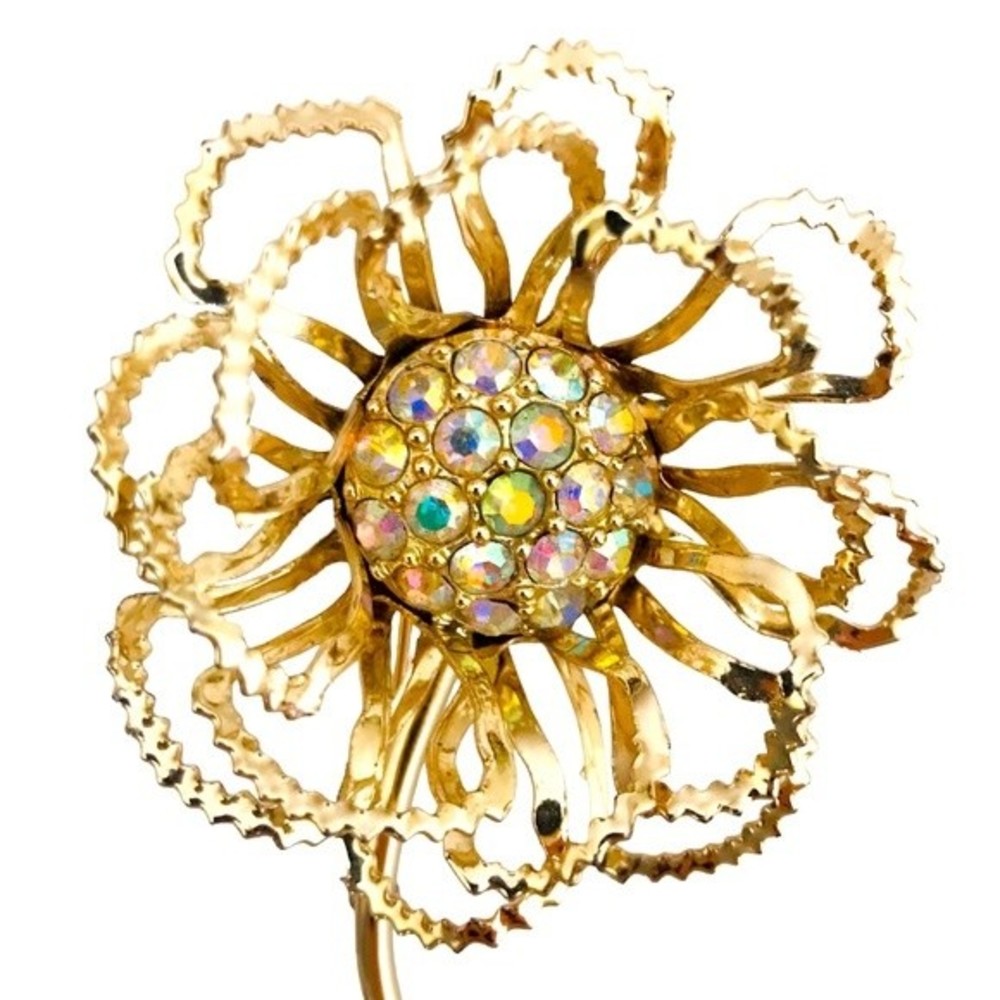 Vintage Sarah Coventry Allusions Gold Tone AB Rhinestones Flower Brooch 1968 - Picture 2 of 5